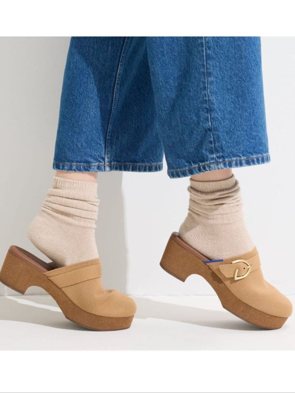 Rothy's Tan Platform Clog Mules with Gold Buckle